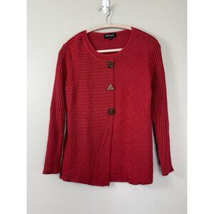 Putorti Pink Red Sweater Cardigan M Wooden Geo Buttons Artisanal Knit Canadian